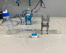 Figure 2: Set up of the microfludic system. It is used to perfuse the medium through the animal cells adhered in the scaffolds.<br />
